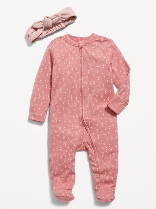 Unisex Printed Sleep & Play 1-Way-Zip Footed One-Piece & Headband Set for Baby | Old Navy (US)