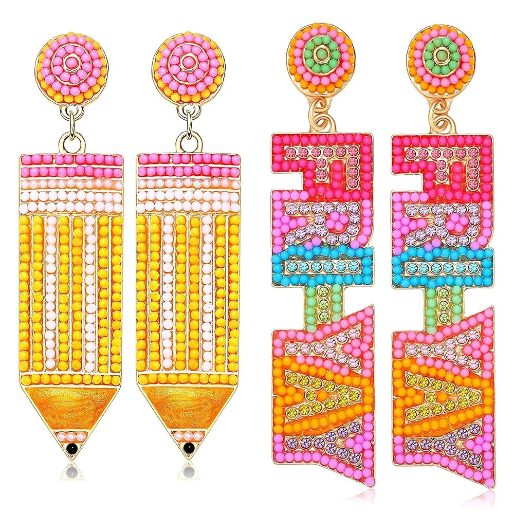 2/3 Pairs Pencil Earrings - Rhinestone Beaded Dangle Drop Earrings for Women - Colorful Teacher A... | Amazon (US)