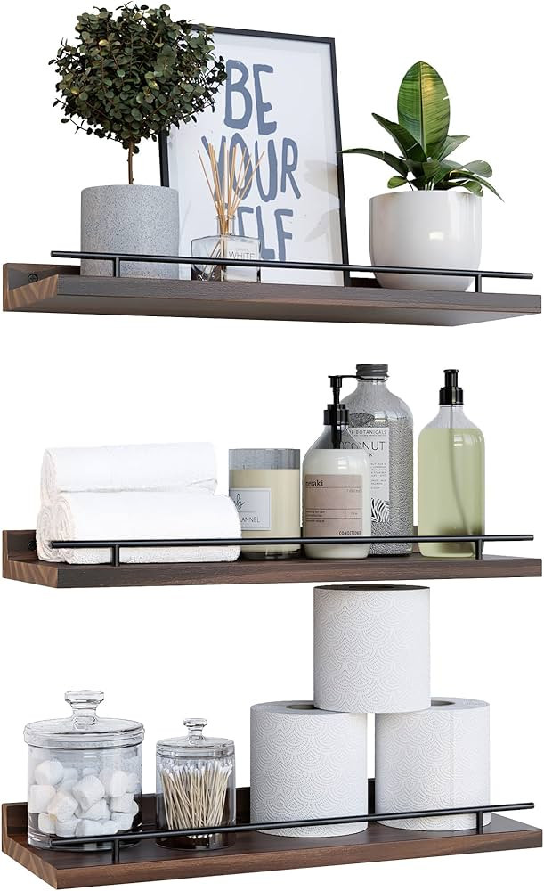 WOPITUES Floating Shelves with Black Metal Guardrail, Shelves for Wall Decor Set of 3, Wall Shelv... | Amazon (US)