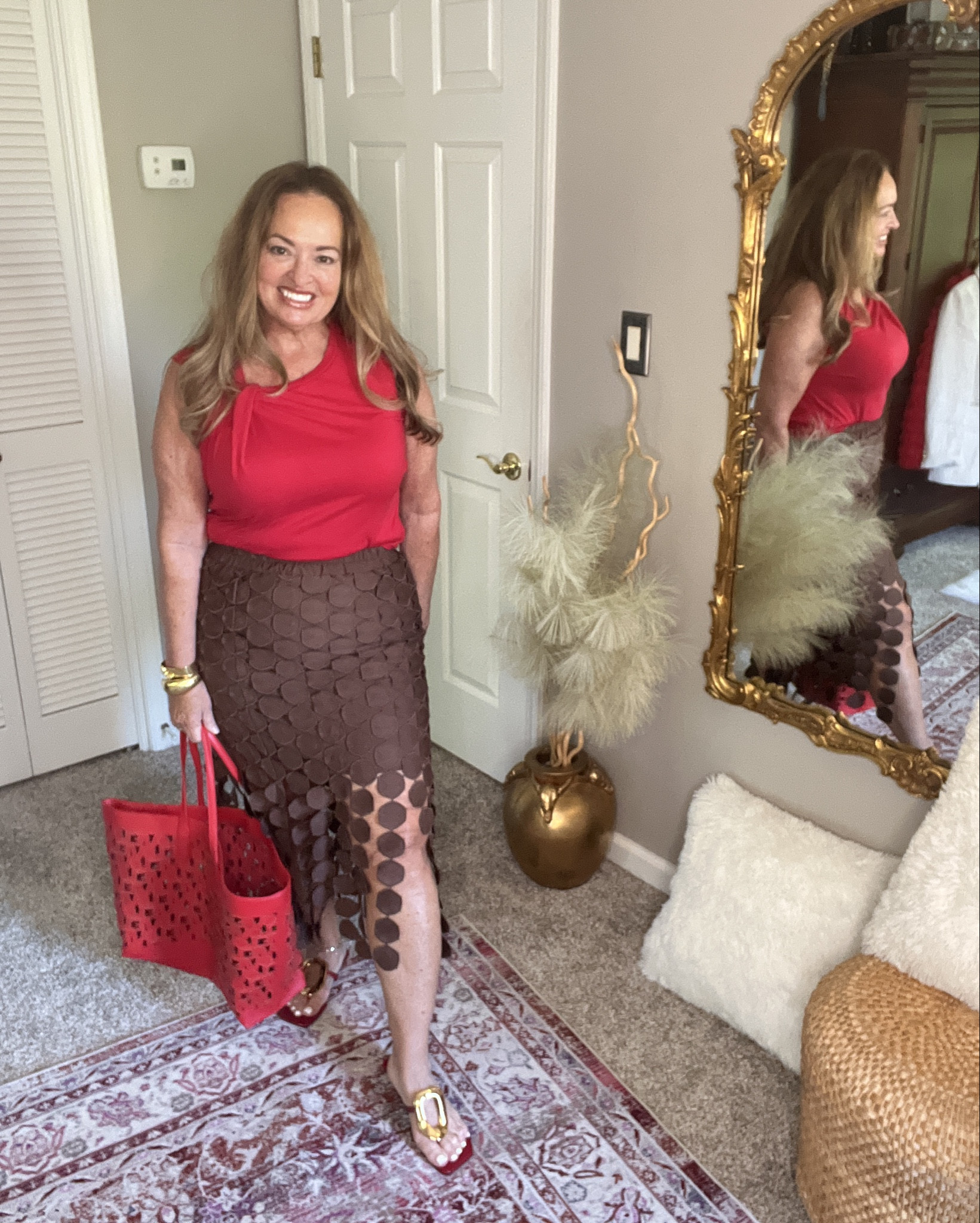 Viral skirt now in a shorter length and red patent dressy sandals with organic gold buckle.

#LTKTravel #LTKWedding #LTKootd