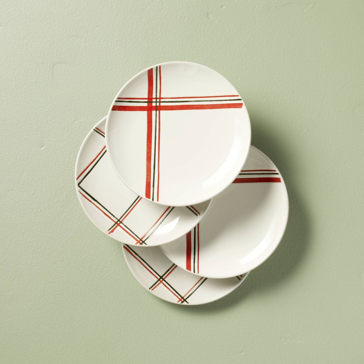 6.8" Christmas Plaid Stripes Stoneware Appetizer Plates Cream/Red/Green - Hearth & Hand™ with M... | Target