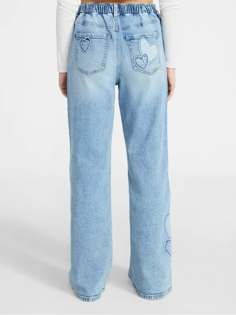 No Boundaries High Rise Baggy Wide Leg Jeans with Heart Patch, 32'' Inseam, Women’s and Women's... | Walmart (US)