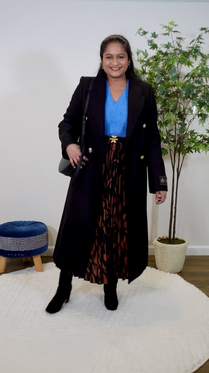 Winter outfit with blue v-neck sweater 
@madewell sweater in size S
@mango skirt (old) linked similar  options 
@samedelman boots 
@artizia black coat in size M

#LTKVideo #LTKworkwear #LTKmidsize