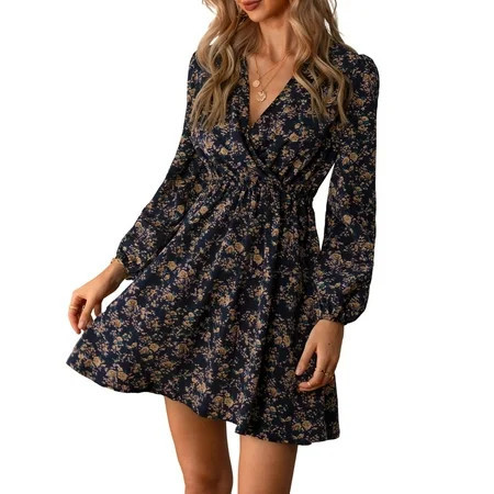 Cupshe Women s Floral Mini Fall Dress Ditsy Surplice V Neck Long Peasant Sleeve Elastic Waist Casual Spring Dresses Size XS-XL | Walmart (US)