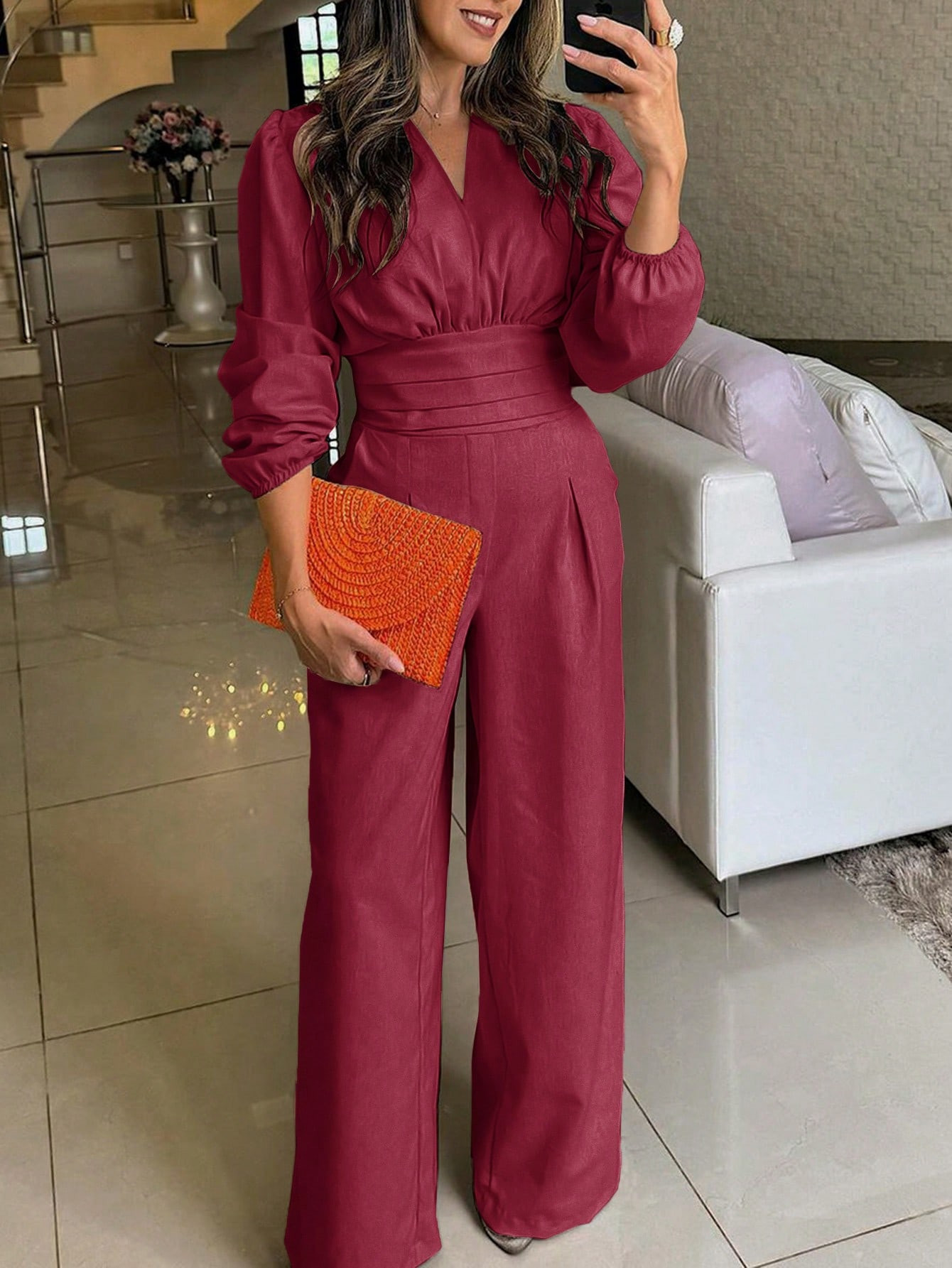 TrendsSHEIN Privé Women's Spring And Autumn Casual Solid Puff Sleeve Jumpsuit | SHEIN