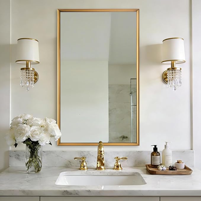 ANDY STAR Brass Bathroom Mirror, 24x40 Inch Rectangle Mirror for Bathroom, Brushed Gold Mirror in... | Amazon (US)