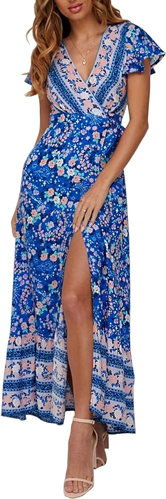 ZESICA Women's Bohemian Floral Printed Wrap V Neck Short Sleeve Split Beach Party Maxi Dress_Blue... | Amazon (US)