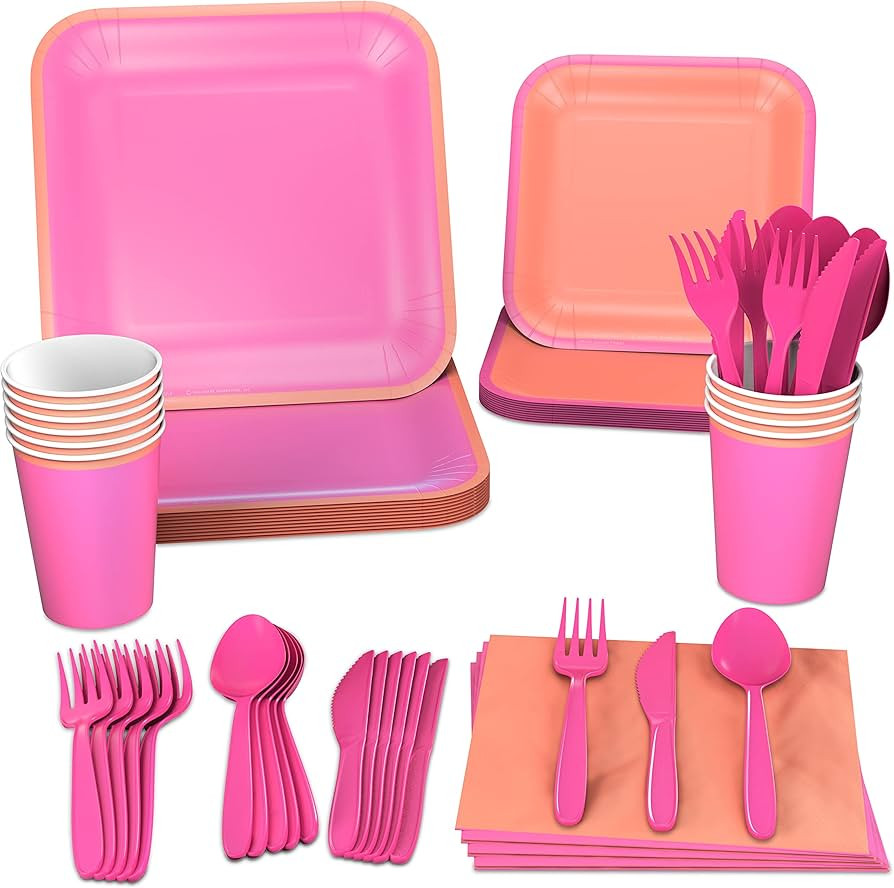 Crayola Hallmark Color Pop Pink & Peach Orange Party Supplies (12 Dinner Plates, 12 Dessert Plate... | Amazon (US)