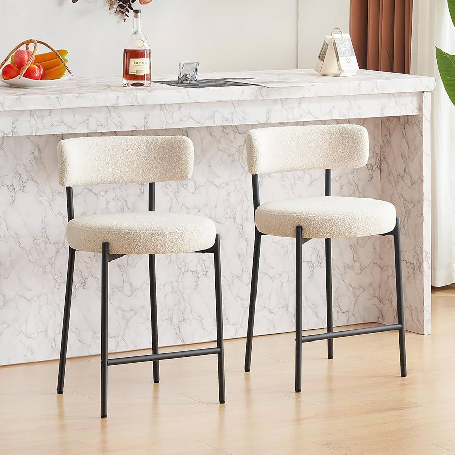 Furnilivng 24'' Bar Stools Set of 2, Modern Boucle Counter Height Bar Stools with Curved Back and... | Amazon (US)