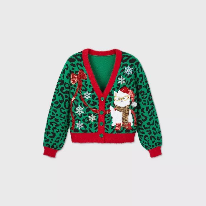 Women's Cat Holiday Cardigan Sweater - Green | Target