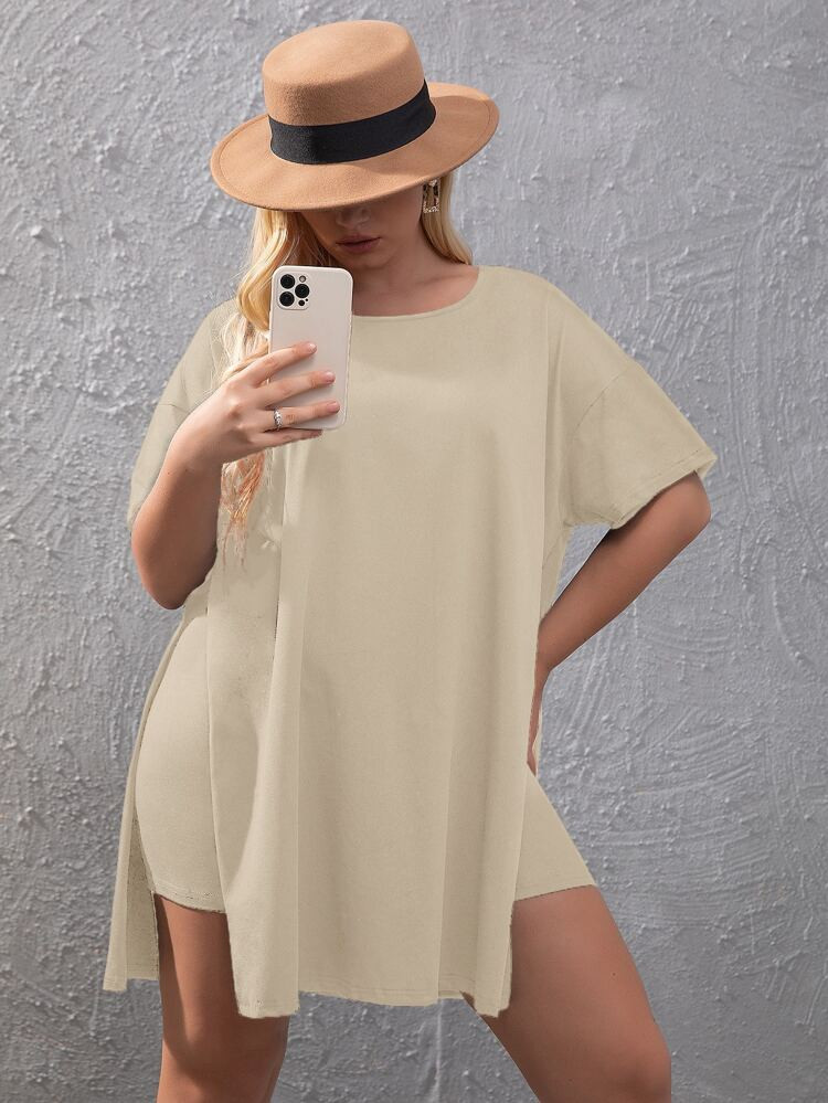 Plus Drop Shoulder Slit Hem Tee & Biker Shorts | SHEIN