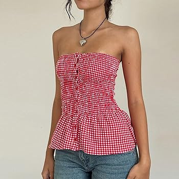 Women Y2k Gingham Tube Top Strapless Backless Plaid Peplum Vest Coquette Bandeau Crop Tank Top Su... | Amazon (US)