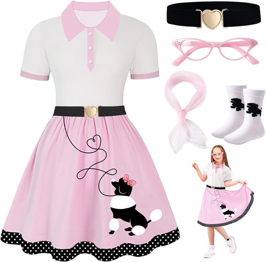 Poodle Skirt, 50s Outfit for Girls, 5PC 1950's Sock Hop Costume with Glasses,Waistband,Scarf and ... | Amazon (US)