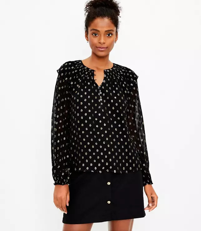 Petite Shimmer Clip Ruffle Button Blouse | LOFT