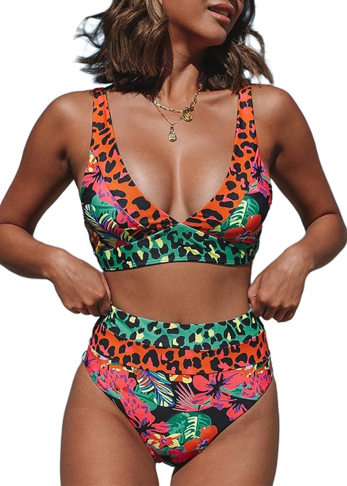 Amazon.com: Hilinker Women's Leopard Bikini Swimsuits V Neck High Waisted 2 Piece Bathing Suits C... | Amazon (US)