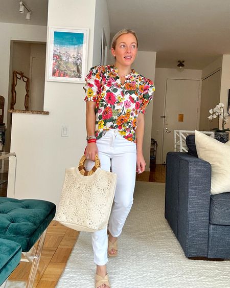 Wildflower top and white jeans! Use code AMY15 for 15% off both. They run true to size ❤️ #floraltop #whitejeans #crochet #wovenbag 

#LTKSeasonal #LTKunder100 #LTKitbag