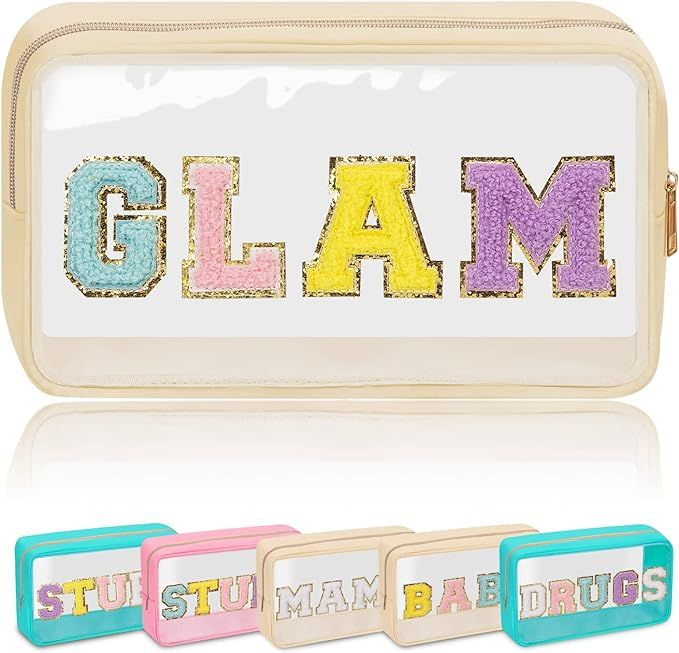 Preppy Patch Makeup Bag Clear Glam Pouch, Chenille Letter Make Up Bag, Small Travel Makeup Zipper... | Amazon (US)