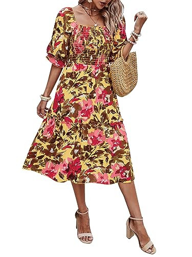 PRETTYGARDEN Women's Summer Dresses 2025 Casual Midi Spring Puff Sleeve Square Neck A Line Flowy Ruffle Boho Floral Smocked Sundress (Light Yellow Red Flower,L) | Amazon (US)