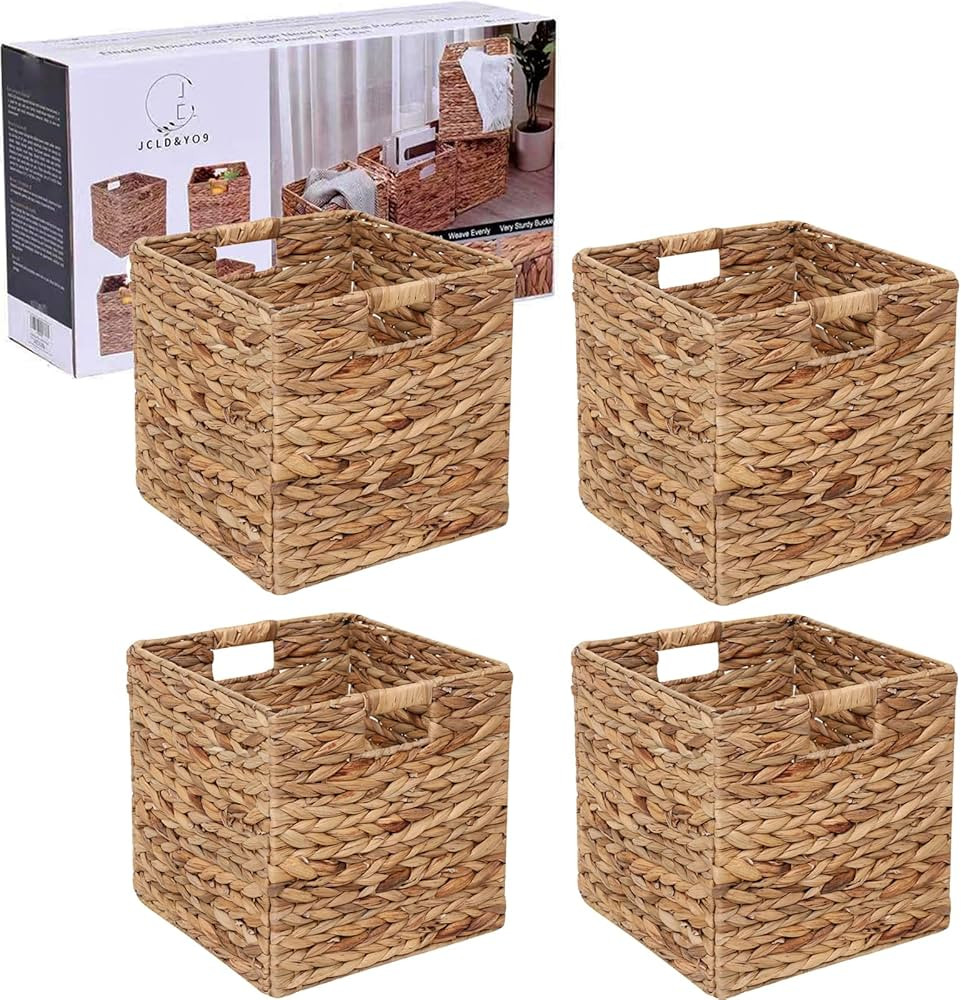 12x12in Storage Baskets Set of 4 Water Hyacinth Baskets,Foldable Handwoven Storage Cubes,Wicker C... | Amazon (US)