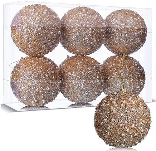 6 Pieces 4 Inch Champagne Christmas Ball Ornaments Hanging Christmas Ornaments Glitter Christmas Tre | Amazon (US)