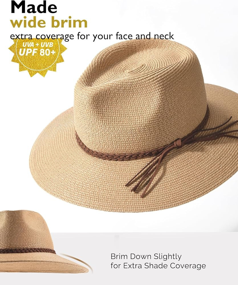 FURTALK Womens Wide Brim Sun Hat Beach Panama Fedora Straw Summer | Amazon (US)
