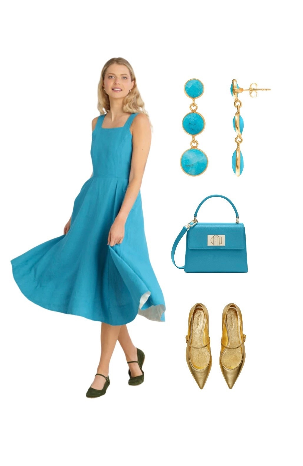 The hottest colour of SS26 will be turquoise! Get ahead of the trend by catching this striking turquoise linen dress at Son de Flor on sale. This style can also be worn as a pinafore dress, with a blouse underneath - in which case size up. The perfect partner is the Furla 1927 bag in turquoise (also on sale!) with fabulous turquoise and gold drop earrings from Etsy and Tory Burch gold flat Mary Janes on sale! Hurry as sizes are running out 🩵 ⭐ 



#LTKsale #LTKspring #LTKeurope