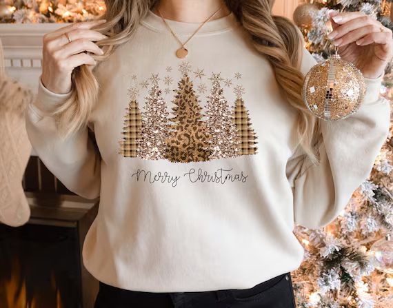 Leopard Merry Christmas Trees Sweatshirt Christmas - Etsy | Etsy (US)