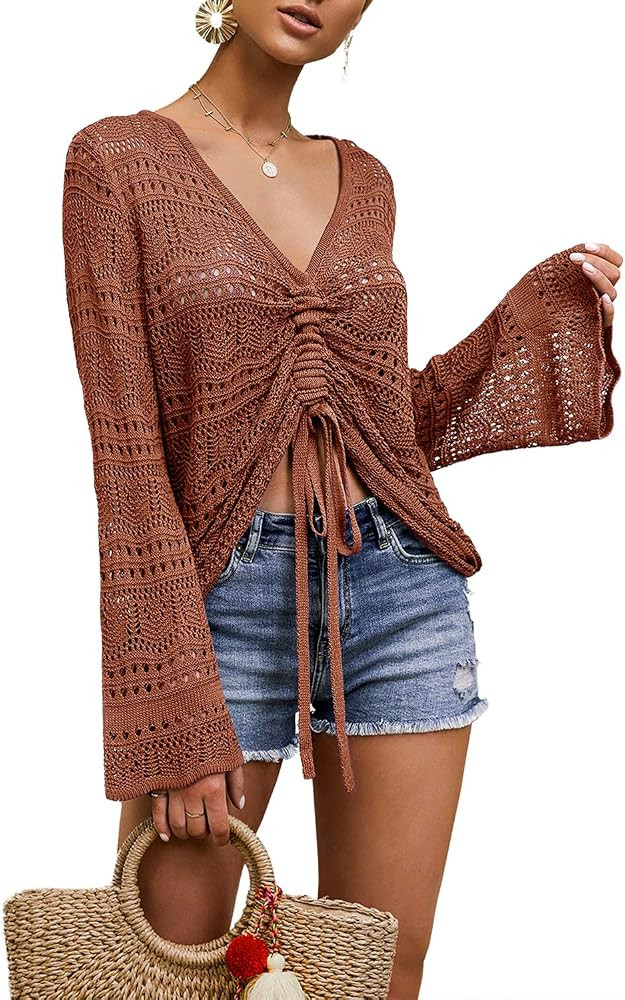 Saodimallsu Womens Boho Off Shoulder Sheer Crop Tops Bell Sleeve Flowy Oversized Crochet Ruched P... | Amazon (US)