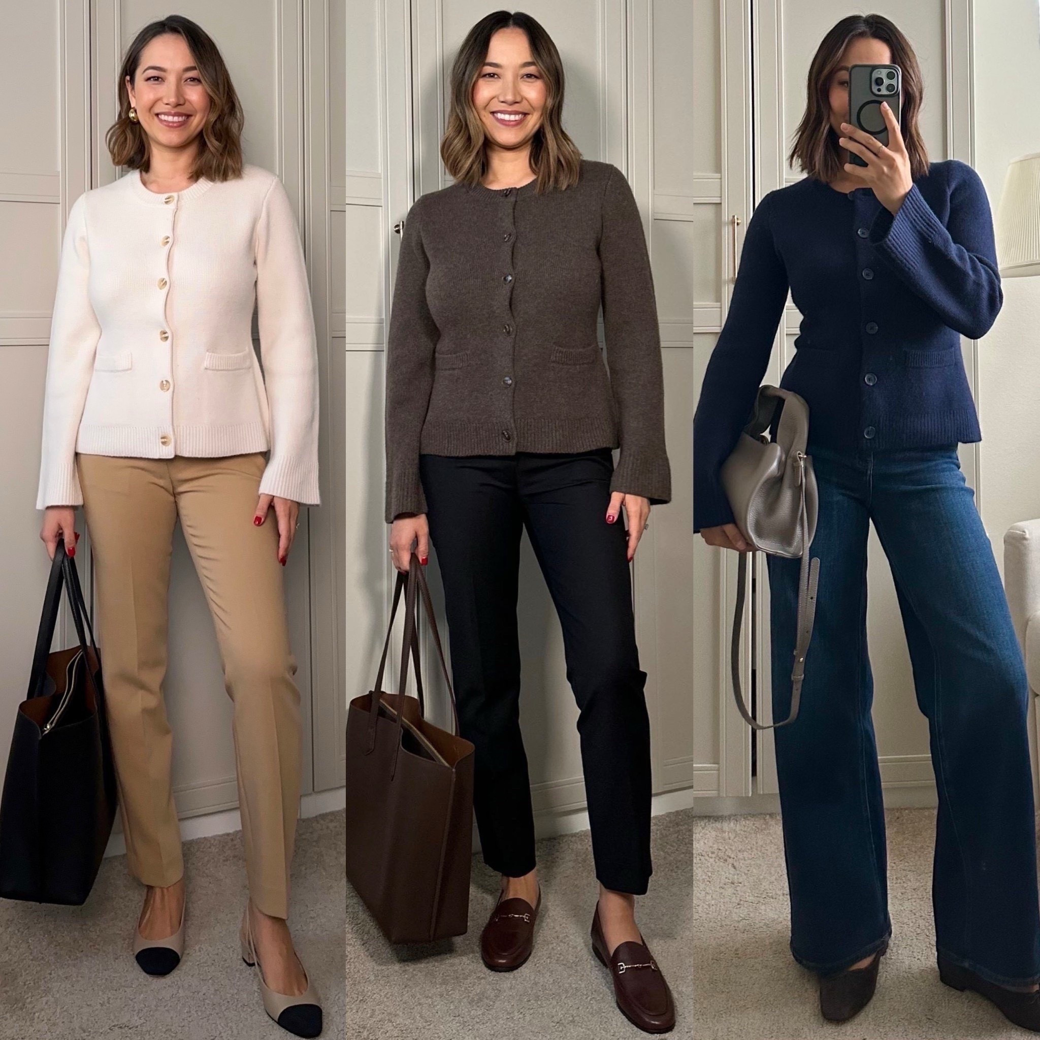 3 outfits styling the quince cashmere cardigan 

Cardigan - wearing small, runs a little big, now restocked in new colors! 

Outfit 1:
Whbm ankle pants 
Aliz slingbacks - run a half size small 
Quince leather tote 

Outfit 2: 
everlane original cheeky jeans 
Sam Edelman Lorraine loafers 
Quince leather tote 

Outfit 3: 
Quince Bella high waisted wide leg jeans
Cole haan suede ballet flats 
Quince leather purse  



#LTKSeasonal