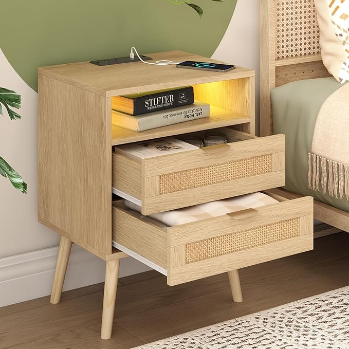 Rattan Nightstand with Charging Station USB Port Led Lights and 2 Storage Drawers, Bedroom Furnit... | Amazon (US)