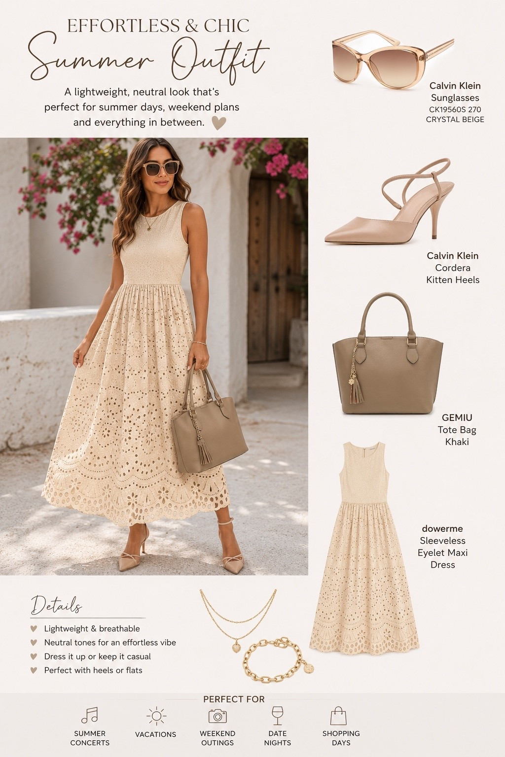 Neutral tones never go out of style. 

This eyelet maxi dress paired with classic nude heels, a structured tote, and chic sunglasses creates an effortless look that works for summer weddings, brunch dates, vacations, concerts, and everything in between. Comfortable, classy, and easy to wear all season long.

Everything is linked in my LTK! ✨

#LTKStyle #SummerFashion #LTKFinds #NeutralStyle #SummerOutfit #VacationStyle #WeddingGuestDress #EffortlessStyle #AmazonFashion #LTKUnder50

#LTKgrwm