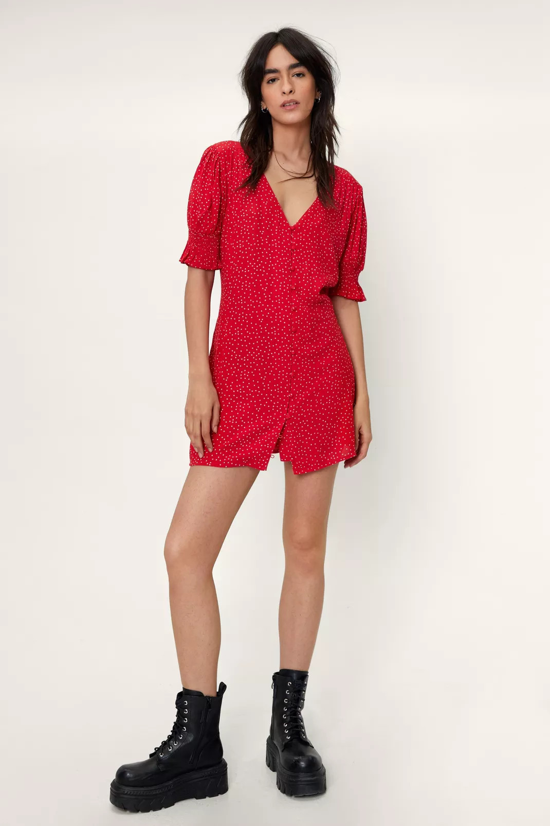 Polka Dot Print Button Front Mini Dress | Nasty Gal (US)