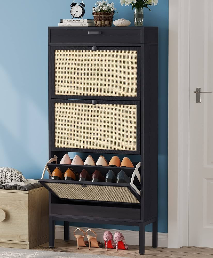 Brafab Freestanding Shoe Cabinet with 3 Flip Drawers, 2 Layer Shoe Shelf, Natural Rattan Shoe Sto... | Amazon (US)