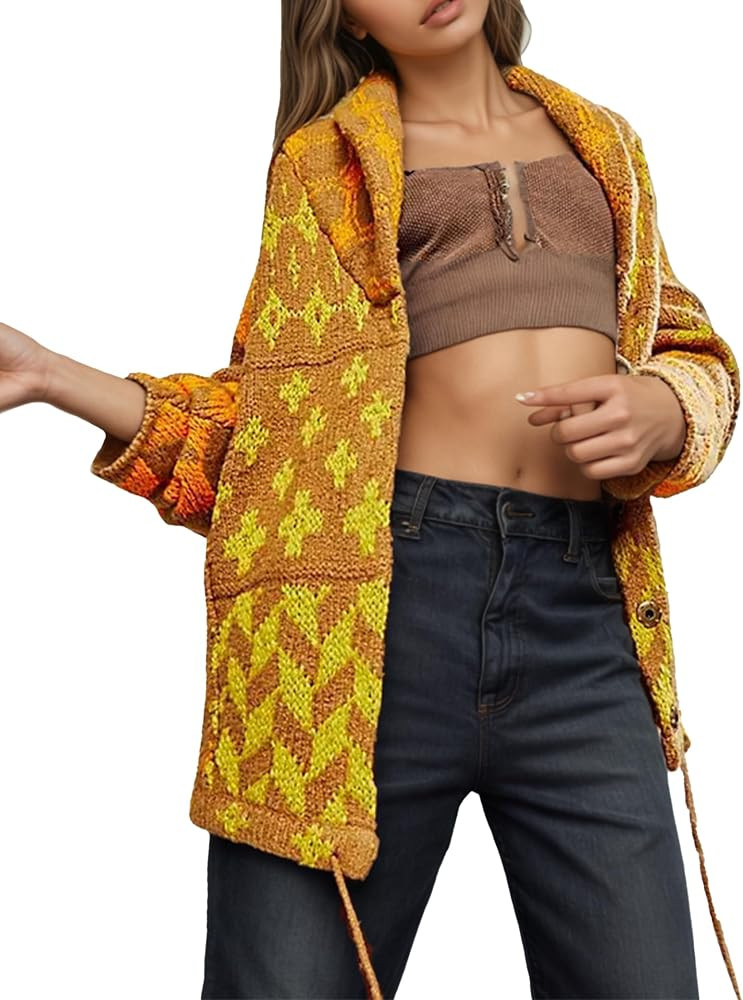 Women Boho Cardigan Sweaters Button Down Shawl Collar Oversized Sweater Coats Y2k Print Cardigans... | Amazon (US)