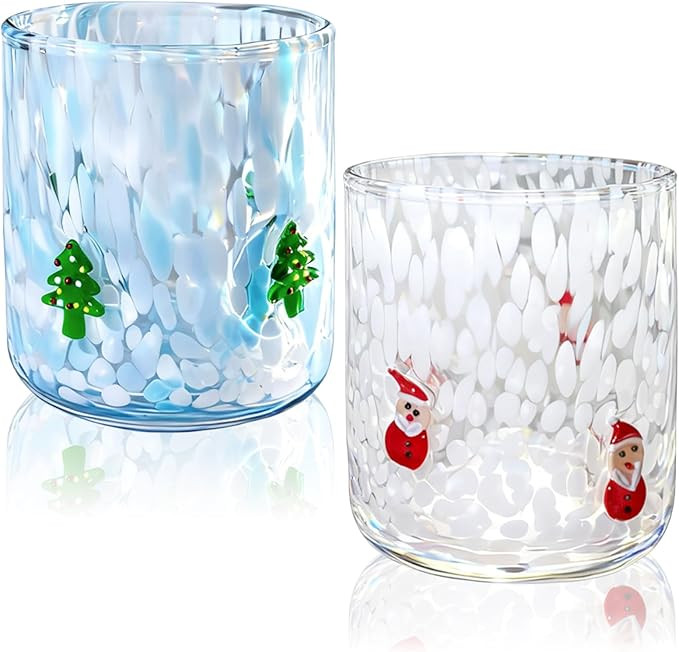 2 Pcs Christmas Icon Glass Cups - 14 oz Santa Claus, Christmas Tree, Cane, Cherry Icon Juice Glas... | Amazon (US)