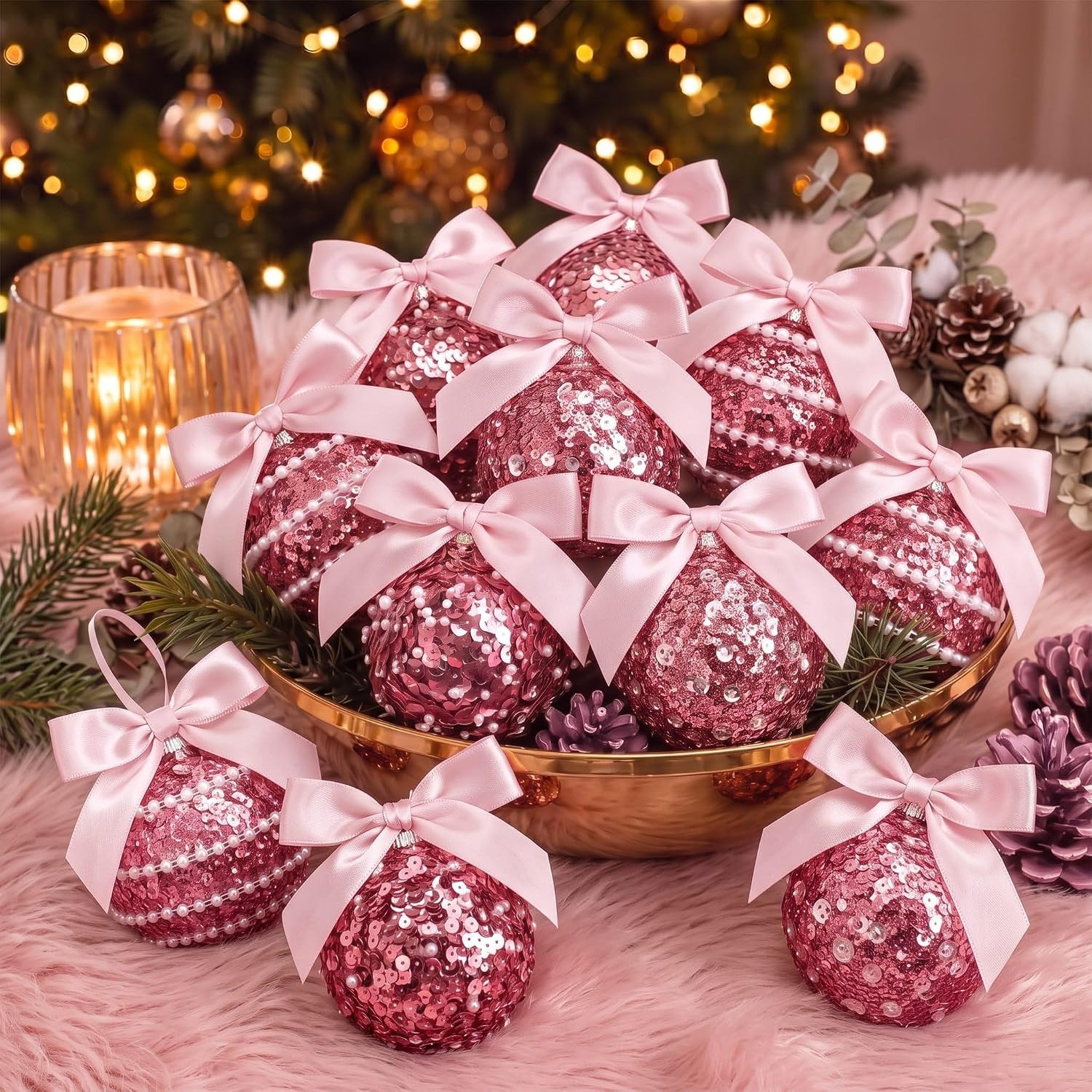 Hungdao 12 Pcs Pink Glitter Christmas Ball Ornaments with Bow | Amazon (US)
