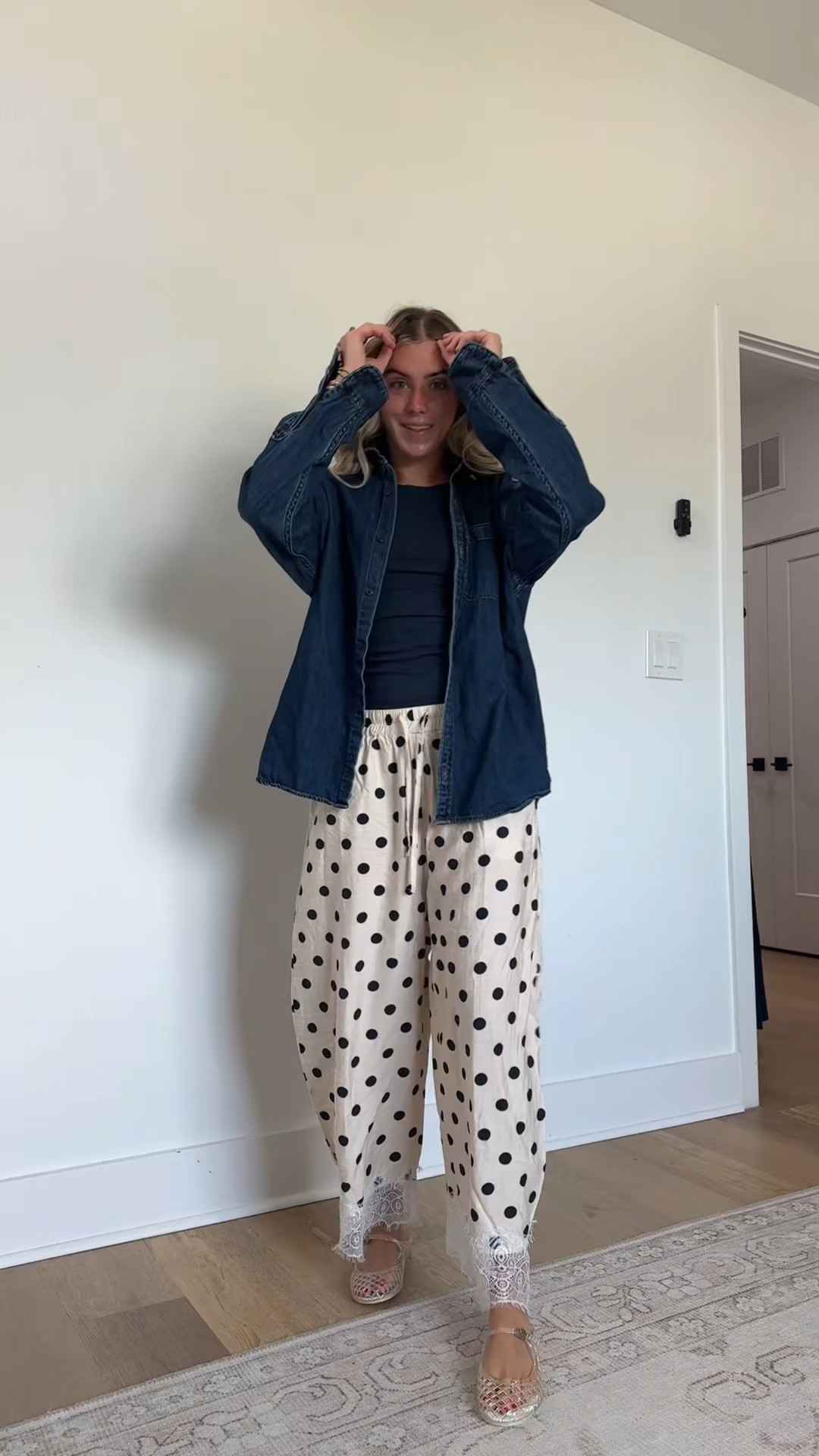 Airport travel outfit today. I’m wearing my @abercrombie  denim button down shirt size large layered overtop my @nuuds  slinky ribbed tank top size XS with my amazon Athlisan Womens Polka Dot Wide Leg Palazzo Pants High Waisted Summer Lace Trim Cropped Baggy Trousers with Pockets size XS pants. I brought my @Dagne Dover London carry all tote bag with my @beistravel beistravel maple suitcases.

#LTKootd #LTKTravel #LTKdayinmylife