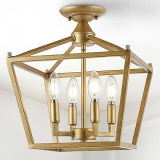 JONATHAN Y Plains Mini Lantern 12 in. 4-Light Brass Gold Iron Modern Farmhouse LED Flush Mount, J... | The Home Depot