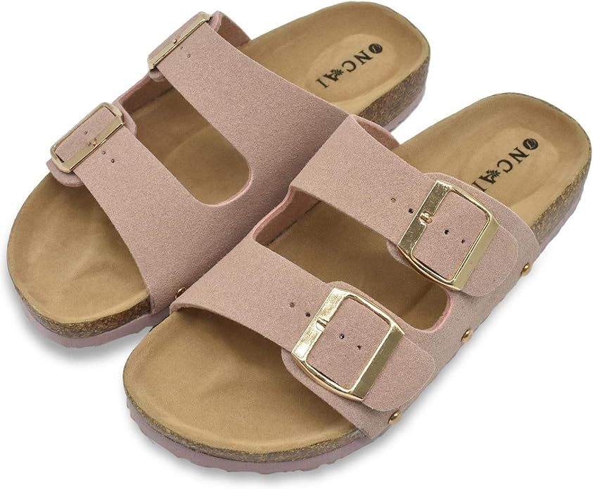 Womens Flat Slide Sandals with Arch Support 2 Strap Adjustable Buckle Slip on Slides Shoes Non Sl... | Amazon (US)