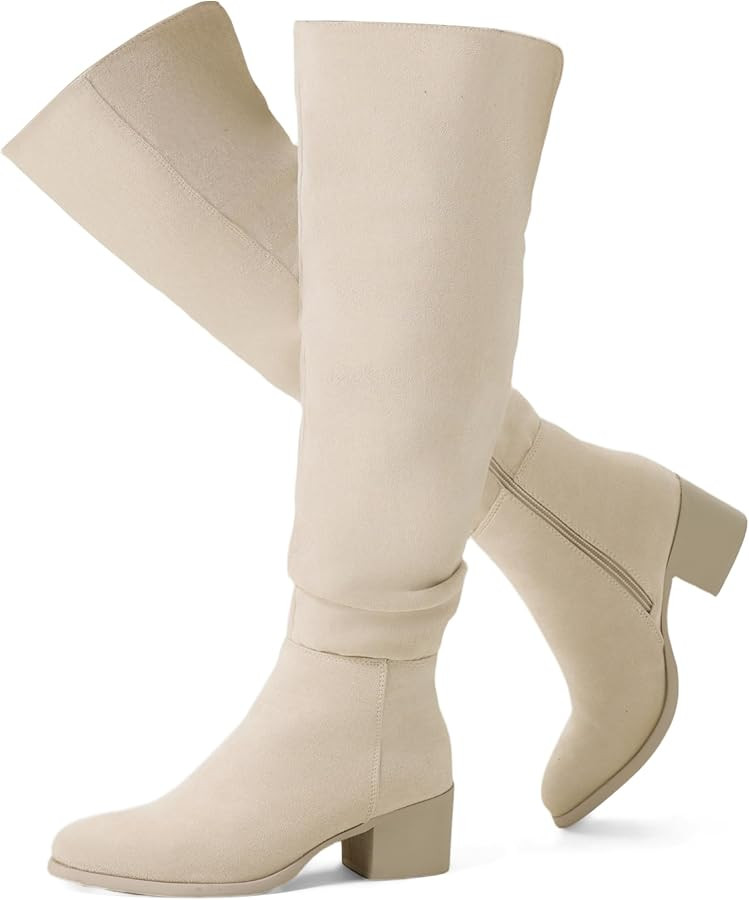 Shoe'N Tale Women's Over The Knee Thigh High Boots Chunky Block Heel Pointed Toe Slouchy Side Zip... | Amazon (US)