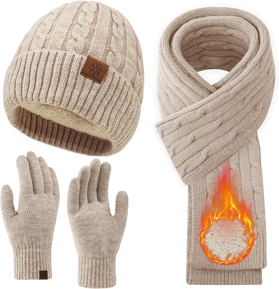 Womens Winter Beanie Hat Scarf Gloves Set, Knit Touch Screen Gloves Long Scarf Skull Caps Fleece ... | Amazon (US)
