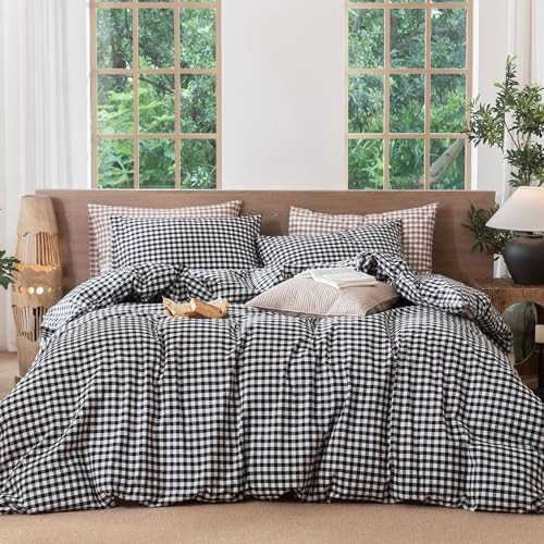 MooMee Gingham Duvet Cover Set 100% Washed Cotton Linen Like Textured Breathable Durable Soft Com... | Amazon (US)