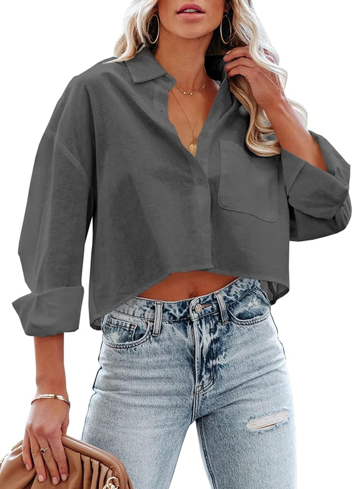 Tankaneo Womens Button Down Cropped Shirts Long Sleeve Casual Crop Tops Solid Lapel Blouse Shirt ... | Amazon (US)