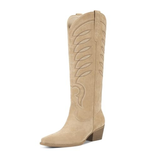 ISNOM Cowboy Boots for Women Suede Apricot Knee High Womens Cowgirl Boots Embroidery Western Boot Wide Calf Chunky Heel Pointed Toe Comfort Fashion Tall Long Boot (Size 8.5) | Amazon (US)