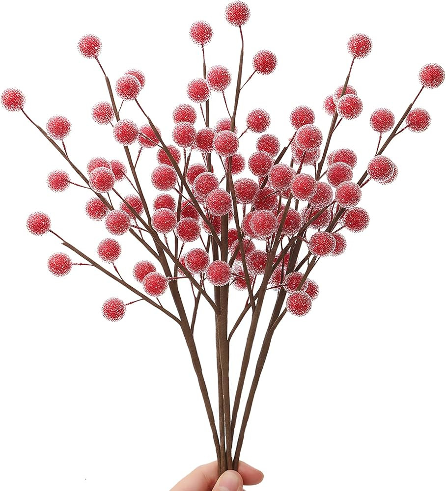 12 Pcs Christmas Red Berry Stems, 13.5" Holly Frosted Artificial Red Berries Stems, Waterproof Sn... | Amazon (US)