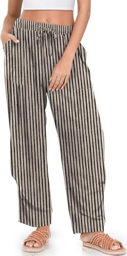 TARSE Women Linen Wide Leg Pants Drawstring Low Waist Beach Travel Vacation Outfits, BlackBeigeStriped, XL | Amazon (US)