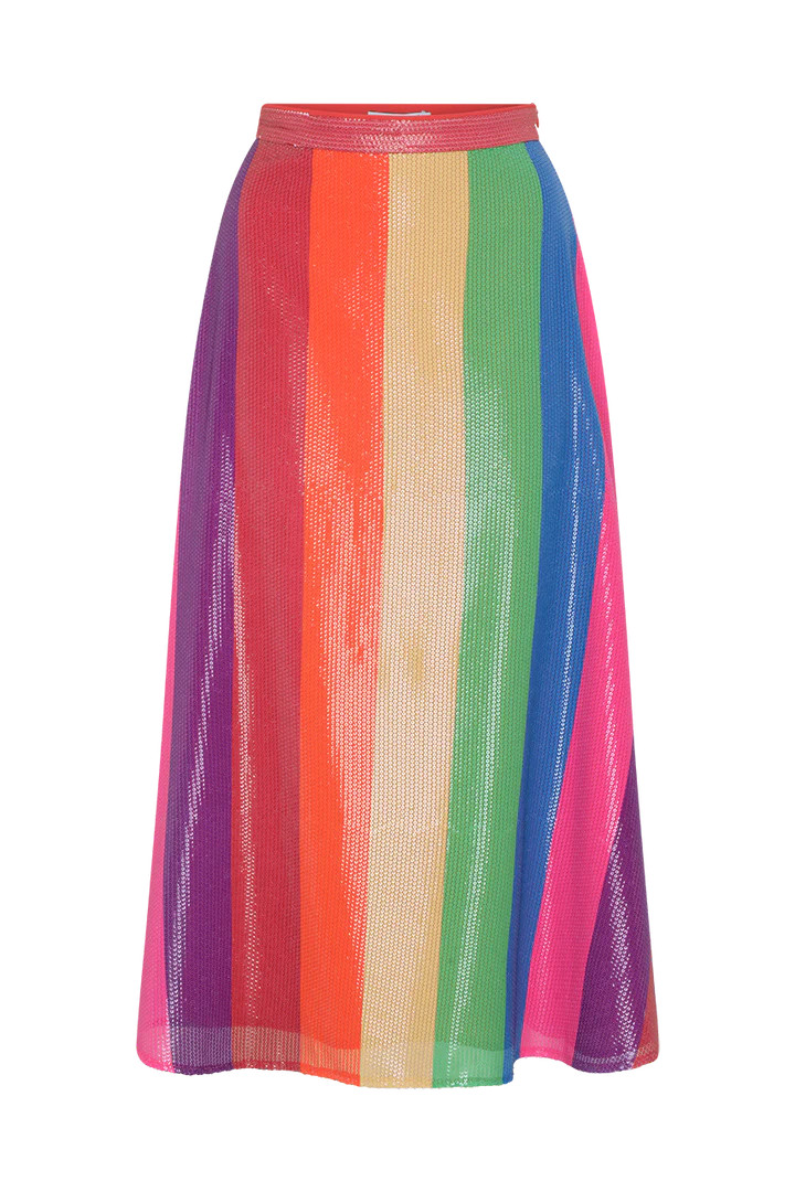 Penelope Rainbow Stripe Sequin Midi Skirt | Olivia Rubin