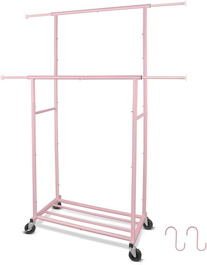 Portable Pink Double Rods Garment Rack with Rolling Clothes Organizer on Lockable Wheels Mobile f... | Amazon (US)