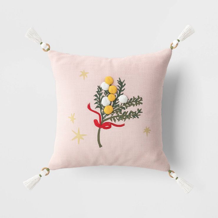 Mistletoe Embroidered Square Christmas Throw Pillow with Pom Poms Pink - Threshold™ | Target