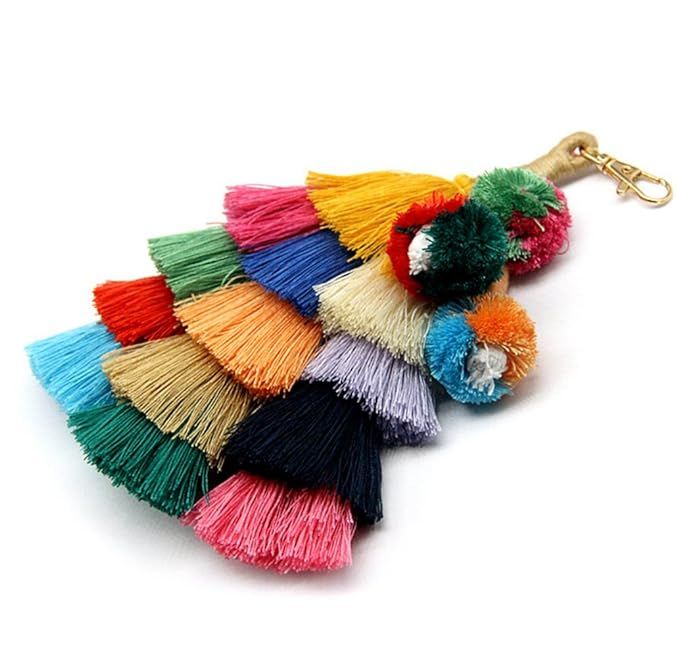 Colorful Boho Pom Pom Tassel Bag Charm Key Chain | Amazon (US)